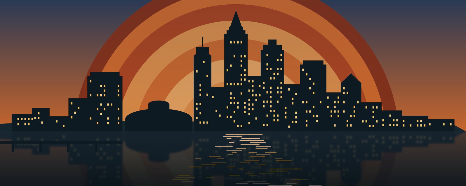 Illustration of the downtown Wichita skyline at dusk, with lit windows and the river in the foreground
