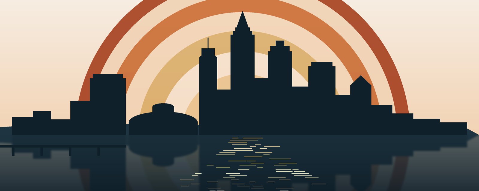 Illustration of the downtown Wichita skyline at sunset, with the sun's rings behind the towers and their reflection in the Arkansas River