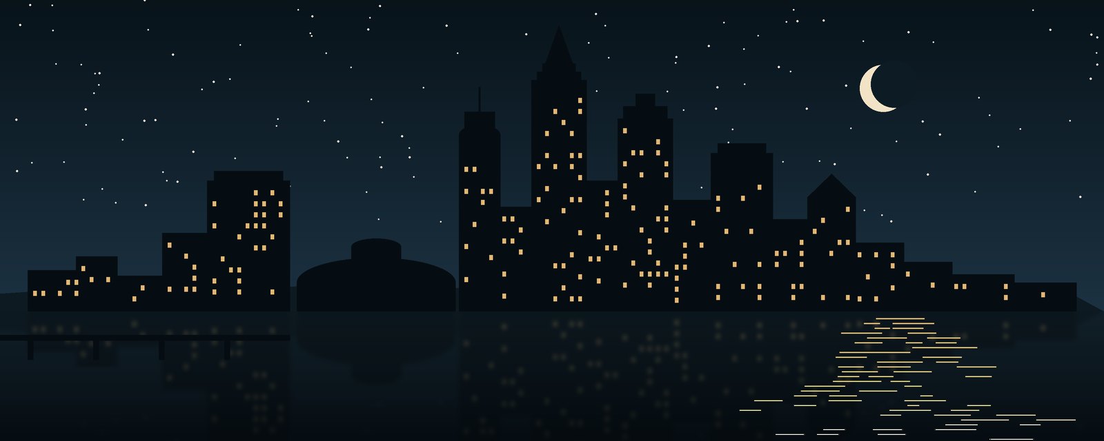 Illustration of the downtown Wichita skyline at night under a crescent moon, reflected in the river